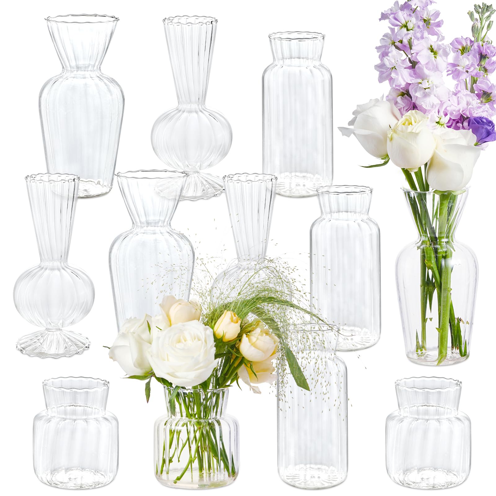 Photo 1 of 12 Pcs Ribbed Glass Bud Vases Set, 4 Styles Clear Small Flower Vases in Bulk, Roman Column Vertical Ribbed Design for Wedding, Home Decor, Table Centerpieces, Party