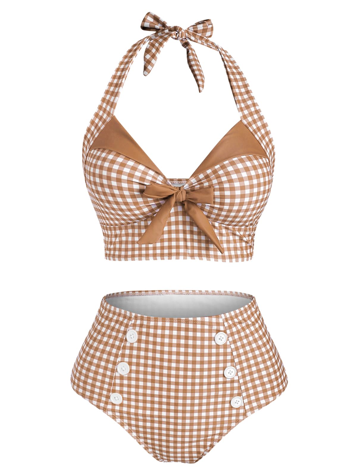dressfo Women's Bikini Set Halter Two Piece High Waisted Swimsuit Plaid Retro Tummy Control Tankini Bathing Suit-picture-22