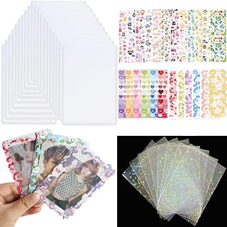 20pc Kpop Photocard Holder Toploader, 50 Holographic Card Sleeves for Trading Cards Protector Kpop Photocards,30 Ribbon Heart Pet Korean Deco Stickers for Photocard Binder Album Photo Card Top Loaders