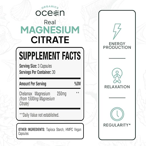 Miniatura 2 de Organics Ocean Citrato de magnesio real, suplemento de magnesio de alta absorción, magnesio quelado para apoyar la energía, la relajación y la
