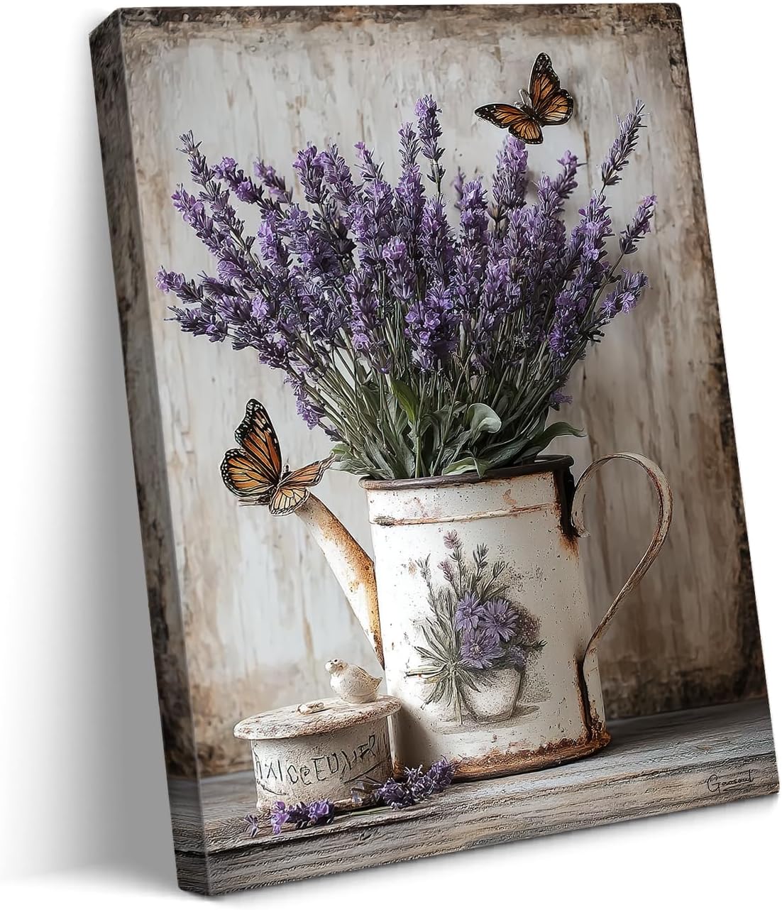 gaosoul Rustic Flower Canvas Wall Art Retro Painting Prints of Lavender in Vintage White Watering Can with Butterflies Weathered Wood Background for Home Kitchen Bathroom Decor Framed 24x32in