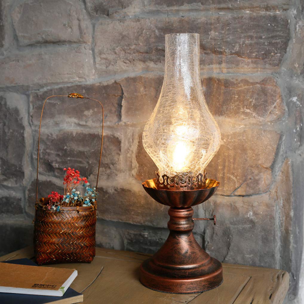 LANMOU Tischlampe Vintage im Petroleumlook, Riss Glas Schirm | E27 Elektrische Retro Petroleumlampe Nostalgische Nachttischlampe im Öllampen-Design, 110 - 240 V, H 40cm
