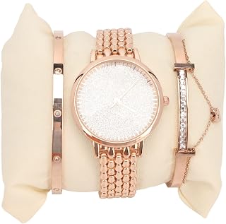 Conjunto de Relógios Femininos Pulseira de Liga Com 3 Peças Caixa de Presente Diamante Banhado a Zircônia Relógio Pulseira de Ouro Presente para Mulheres Ouro Rosa