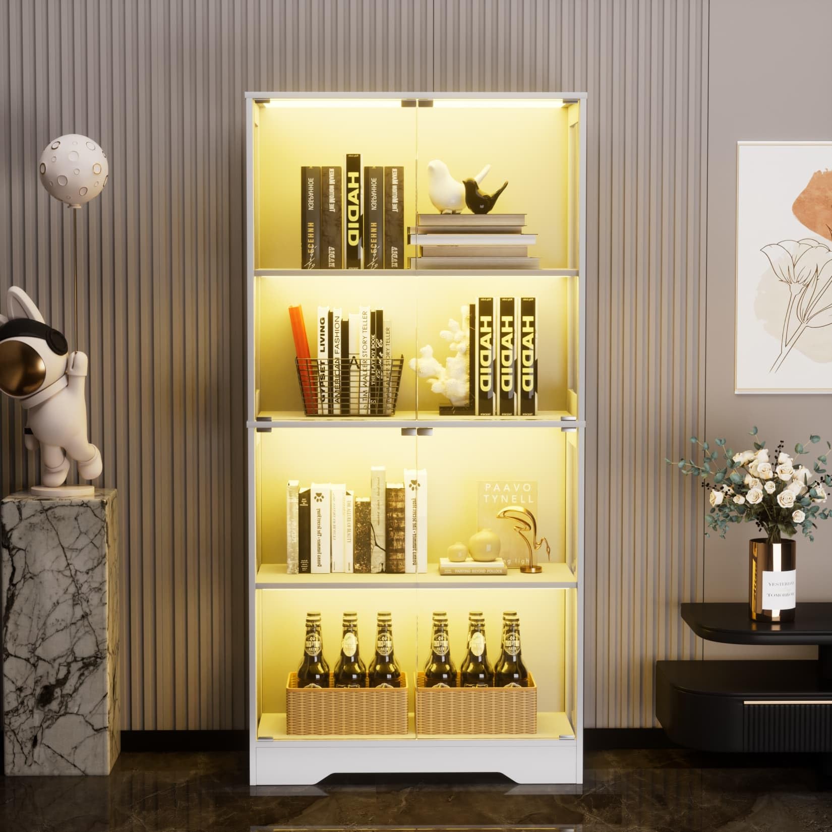 Vitrine en Verre,Vitrine pour Collection avec Lumières LED,Bibliotheque,Buffet Salon,Placard Rangement,Meubles de Rangement,80x35x165cm (Blanc)