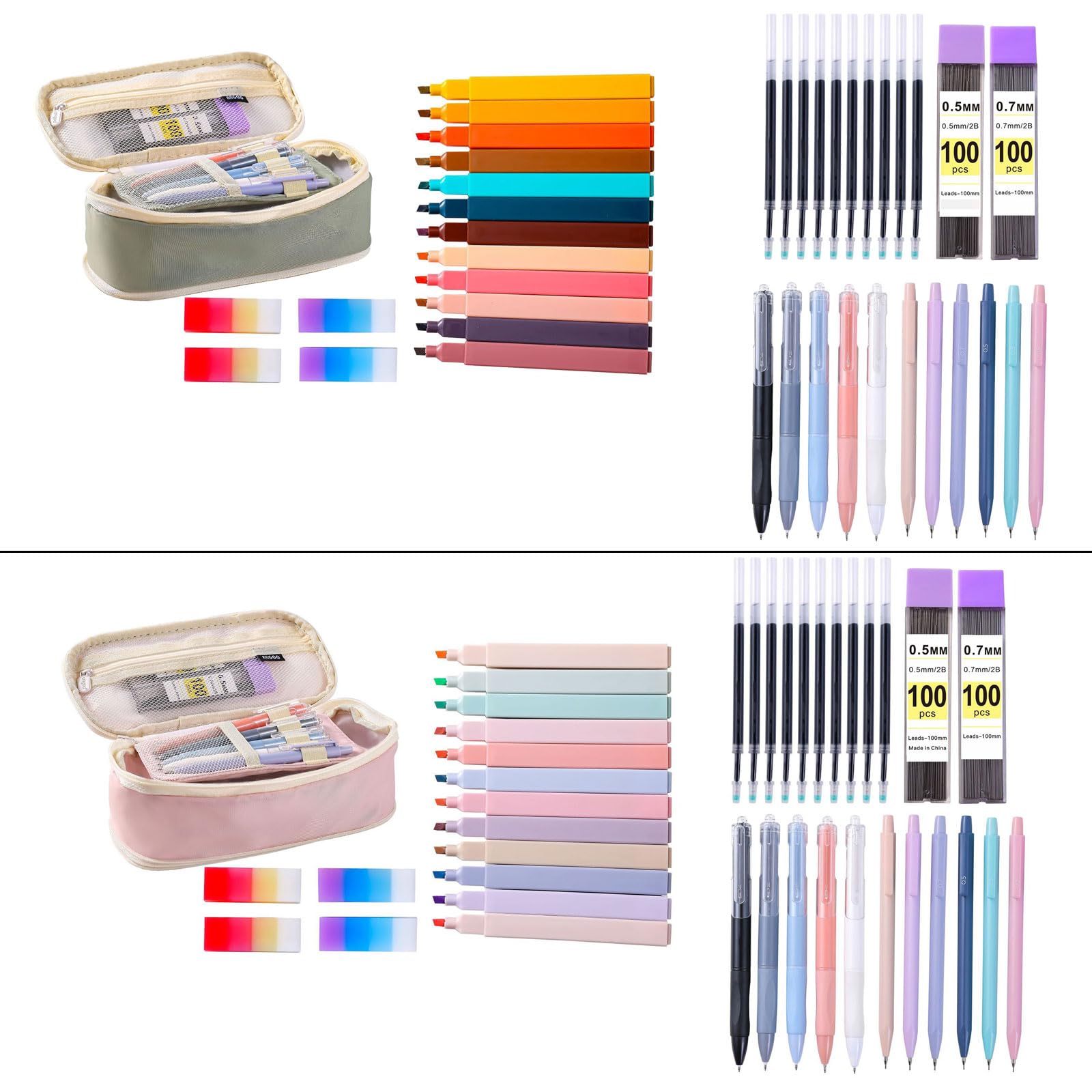 Ensemble d'accessoires scolaires - Fournitures de papeterie pour étudiants et artistes - Trousse à crayons - Surligneurs - Fournitures cadeau avec trousse à crayons et stylo gel pour étudiants