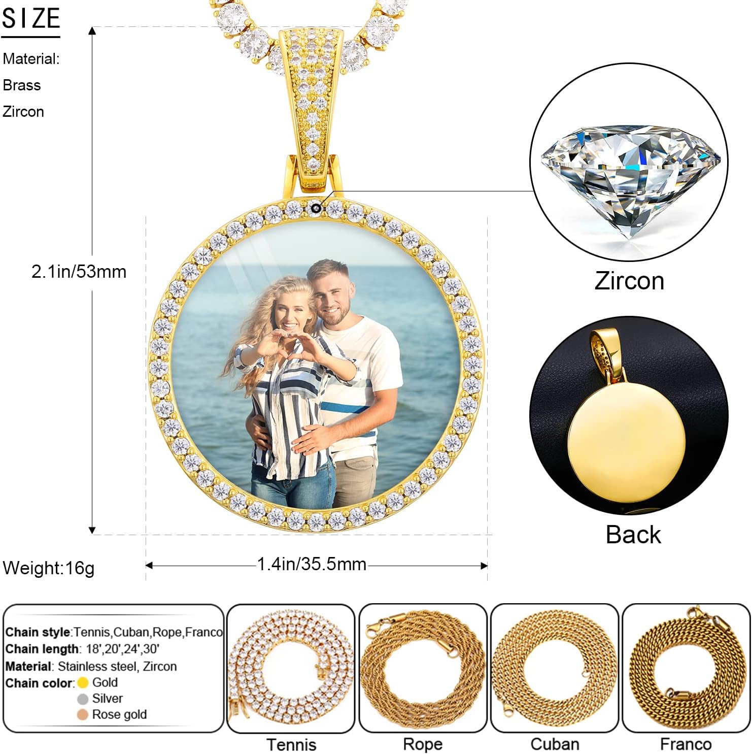 TUHE Custom Picture Necklace Personalized Hip Hop Iced out Round Pendant Photo Necklace for Men Women Memory Chain Necklace Customized with Text Engraving & Picture Necklaces Tennis/Robe/Cuban