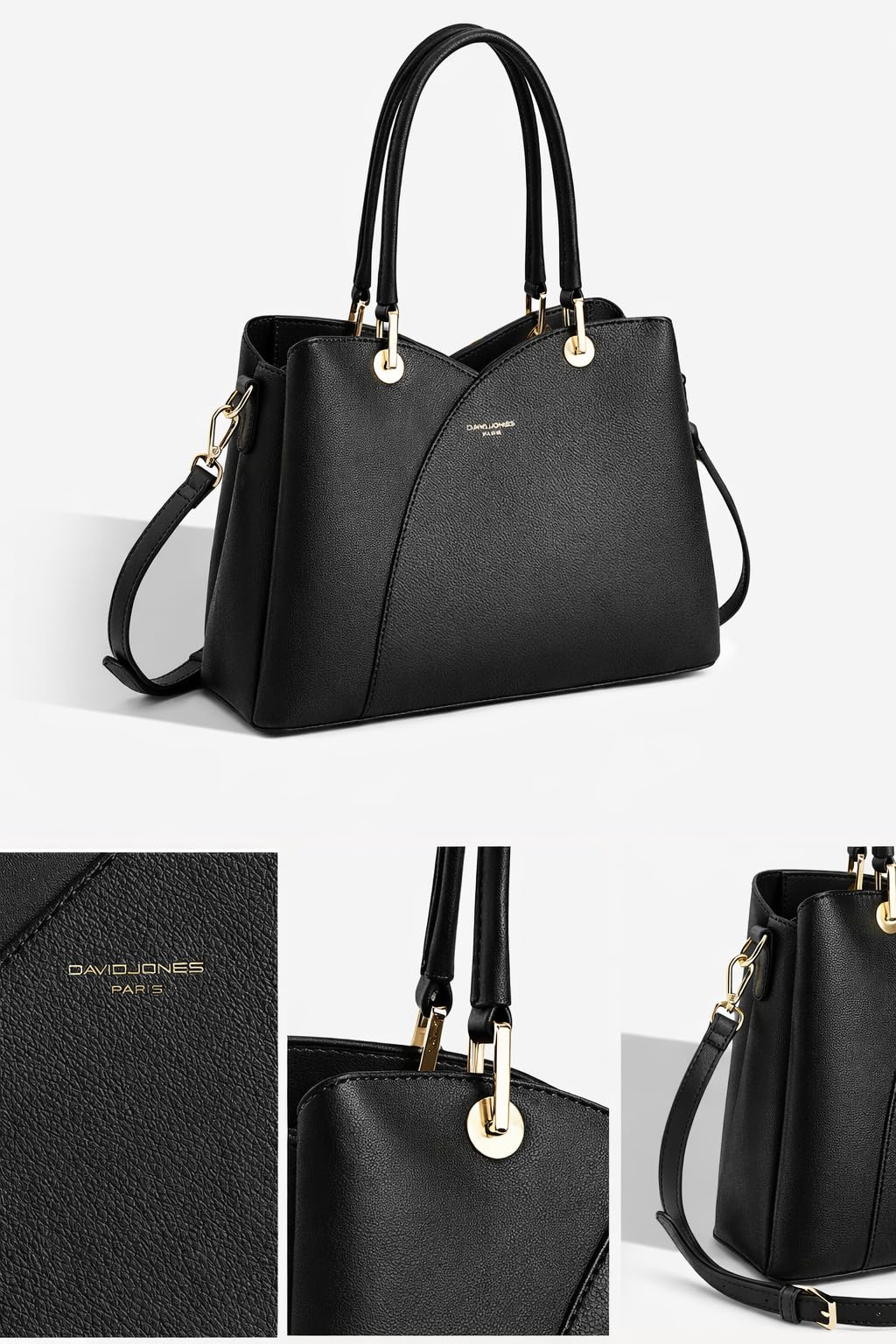 David Jones – Bolso de mano para mujer – Bolso de mano de piel sintética – Hombro – 3 compartimentos con varios bolsillos – Tote City Trabajo elegante clásico chic a la moda de tamaño mediano