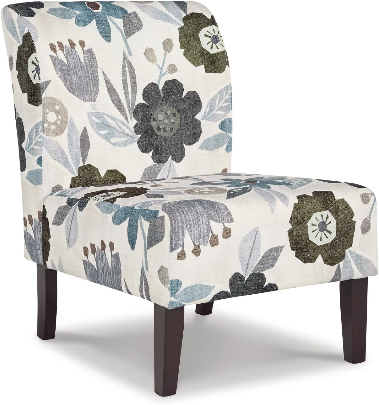 Triptis Floral Armless Accent Chair with Attached Cushions, Fabric Upholstery, Wood Legs, 16.63" Seat Height, White, Blue & Gray