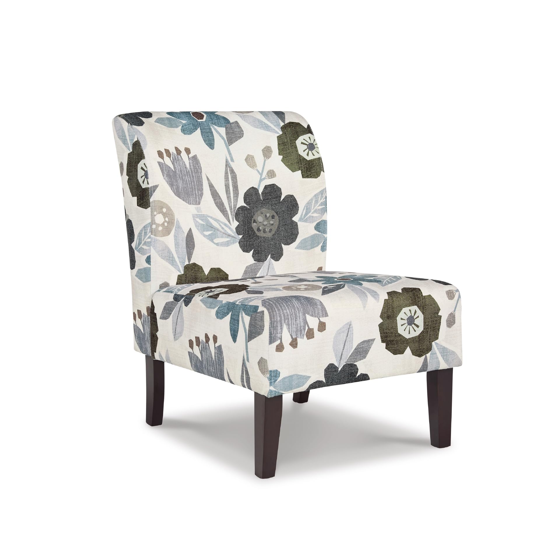 Triptis Floral Armless Accent Chair with Attached Cushions, Fabric Upholstery, Wood Legs, 16.63" Seat Height, White, Blue & Gray