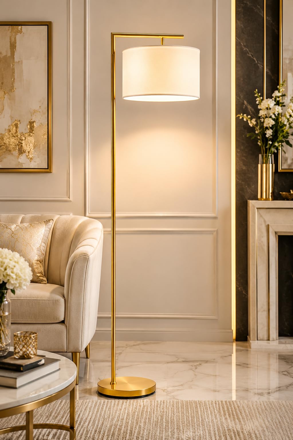 Modern Gold Floor Lamp with Fabric Drum Shade, Premium Metal Body, Polished Gold Plated Finish, Elegant Standing Lamp for Living Room, Bedroom, Office, Reading Corner, Home Decor, 153 cm Height-image-39