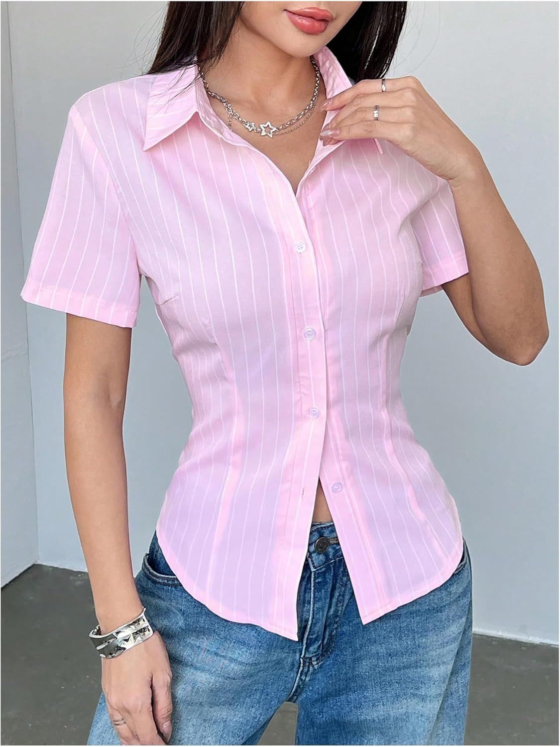 Floerns Women's Striped Button Down Shirts Short Sleeve Collared Neck Going Out Blouses - Image 4