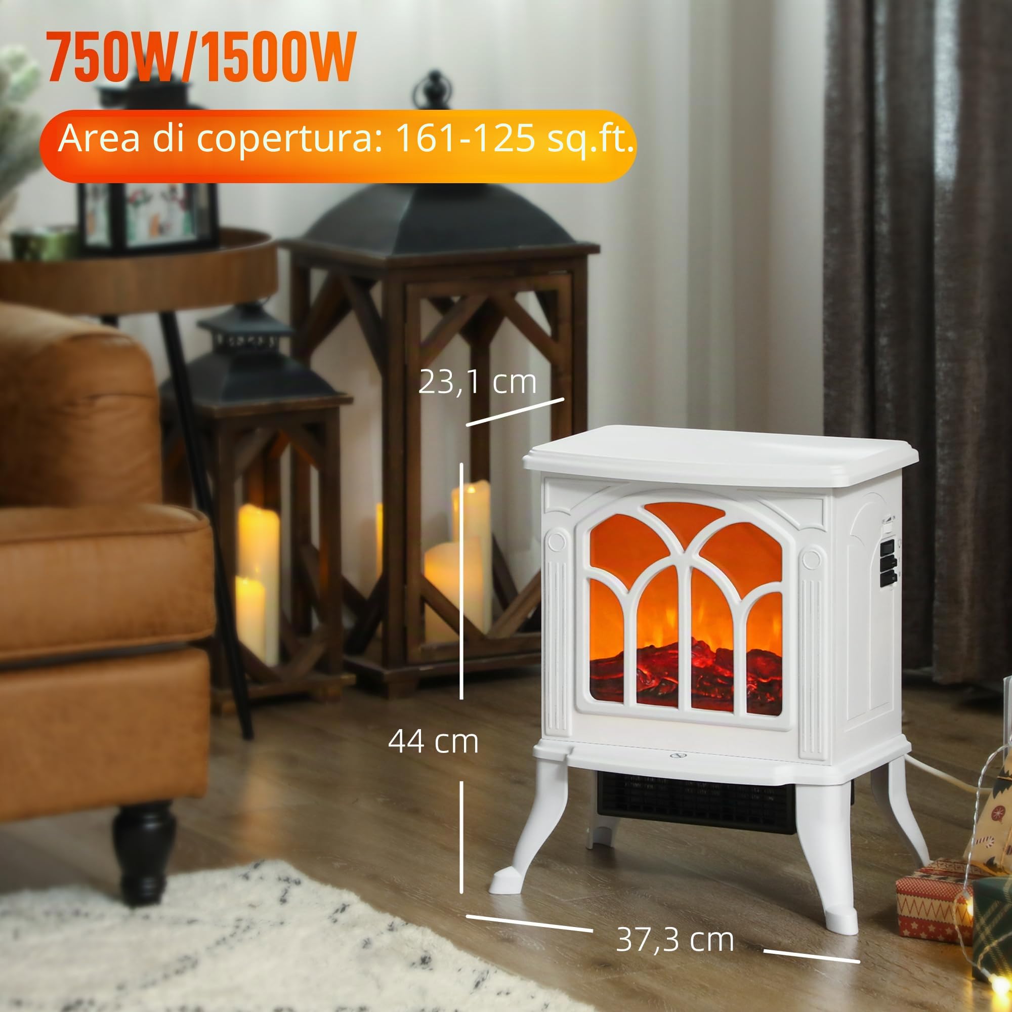 HOMCOM Camino elettrico su piedistallo 750/1500 W, falso camino decorativo con effetto fiamma LED, protezione contro il surriscaldamento, area di copertura 15-20 m², bianco