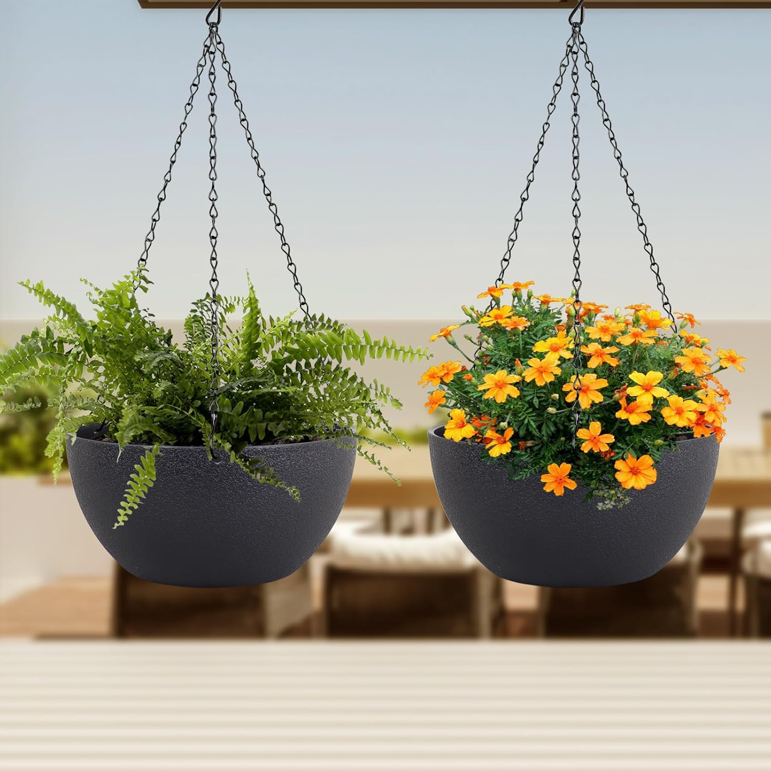 Meowell 10 inch Hanging Planters for Indoor Outdoor Plants, 2 Pack Hanging Flower Pots with Drainage Holes and Chain for Garden Porch, Round Plastic Hanging Baskets for House Plants, Black