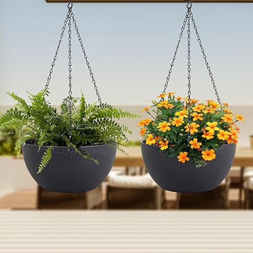 Miniatura 6 de Macetas colgantes de 10 pulgadas para plantas de interior y exterior, paquete de 2 macetas colgantes con agujeros de drenaje y cadena para porche de