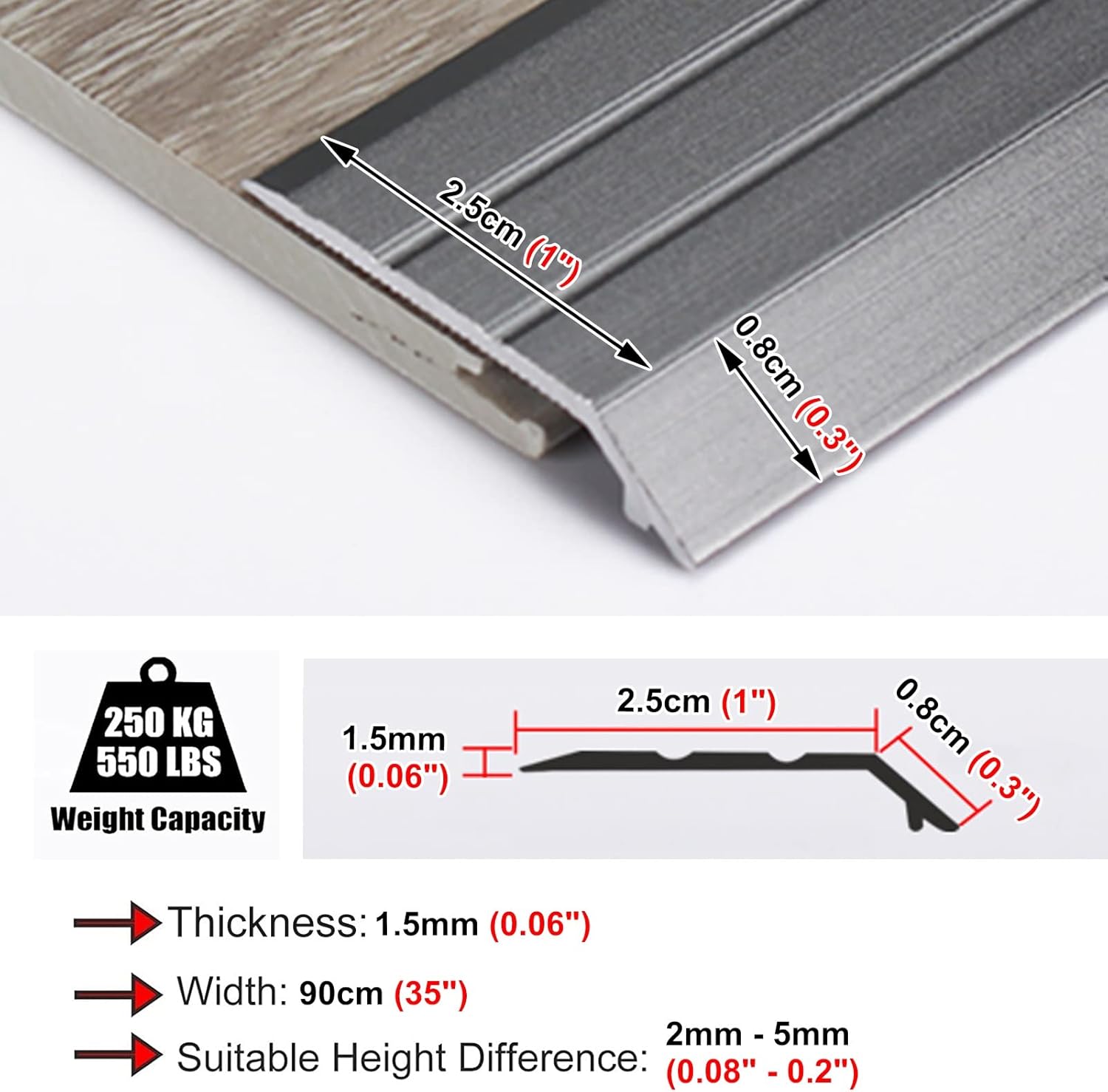 Doorway Uneven Floor Transition Strip, Self Adhesive Transition Threshold Strips, Carpet to Hardwood Floor Anti Slip Edge Trimming Decoration, Cuttable Door Edge Cover with Fluted ( Color : Gray )