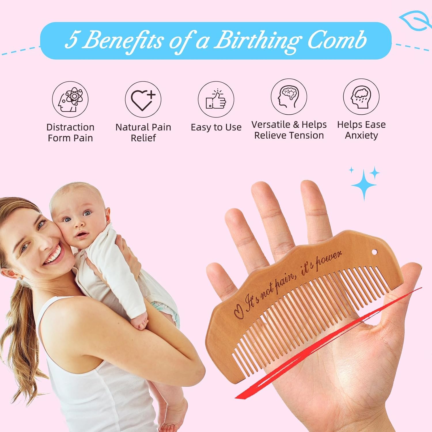 Wooden Birthing Comb for Women Labor and Delivery, Natural Labor Comb for Pregnancy Contractions and Pain Relief, Pregnancy Gifts for Expectant Mothers image 2