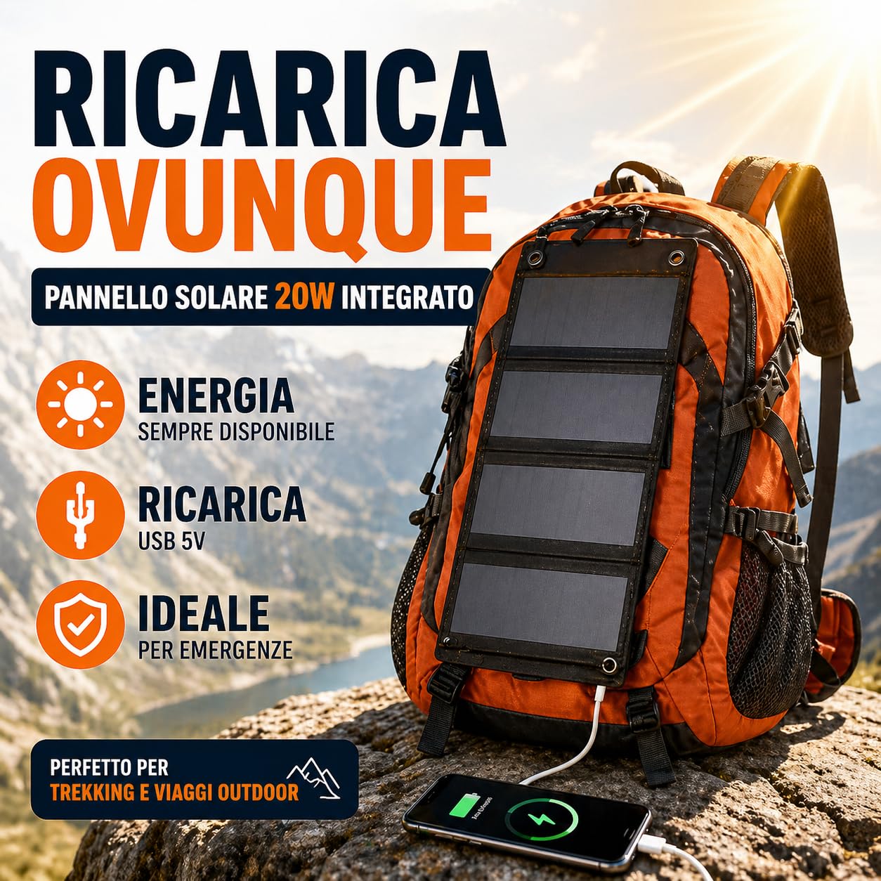 Zaino con Pannello Solare 20W USB 5V - Zaino Trekking da 40 Litri Impermeabile per Escursionismo, Alpinismo, Campeggio - Spallacci e Schienale Imbottiti, Antistrappo e Multifunzionale