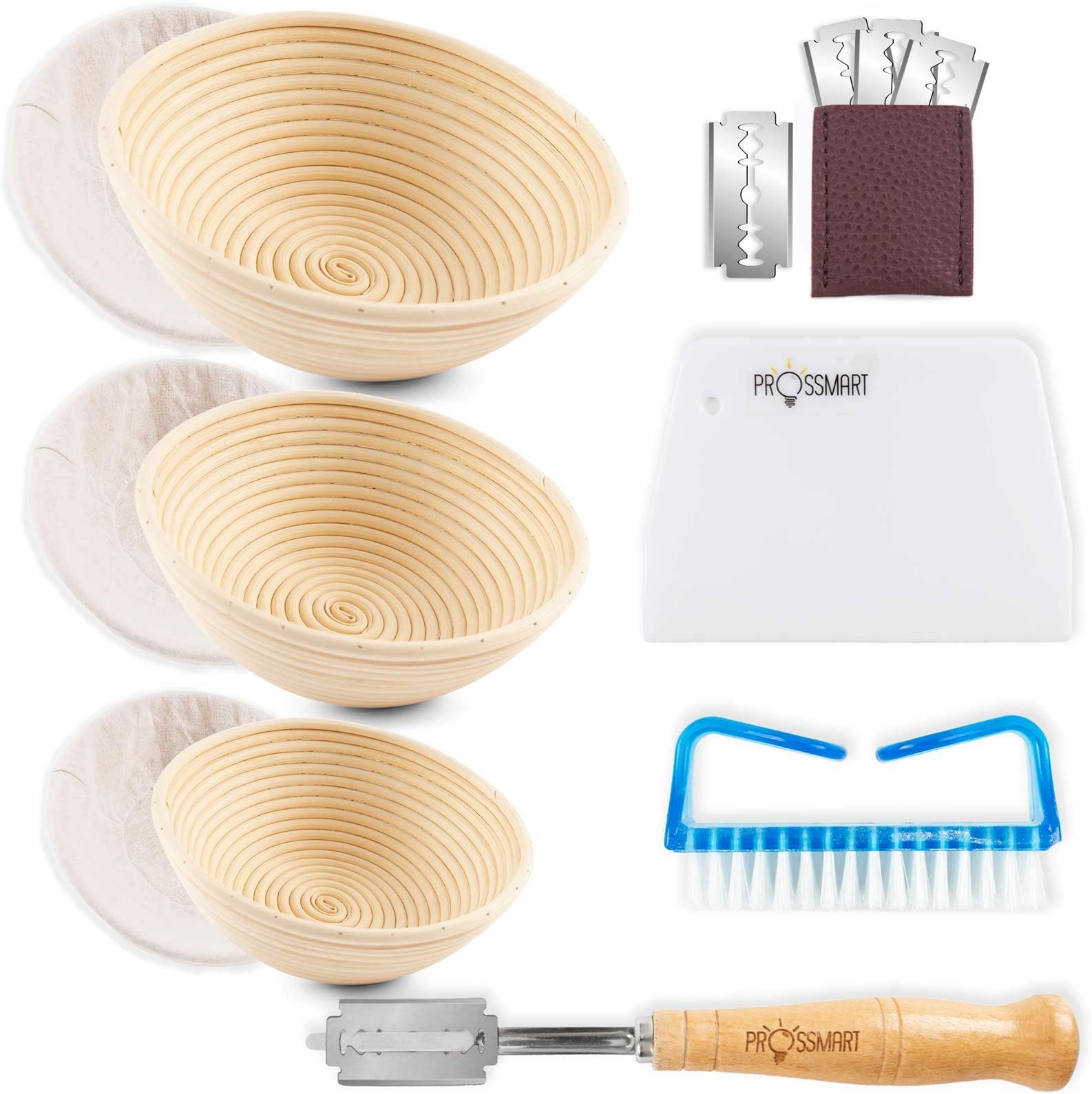 Banneton Proofing Basket Artisan Bread - PROSSMART Set of 3 Dough Rising Handmade Rattan Bowl with Linen Cloth Bread Lame 5 Blades Dough Scraper Brush Bakery Tools Supplies Sourdough for Home Bakers