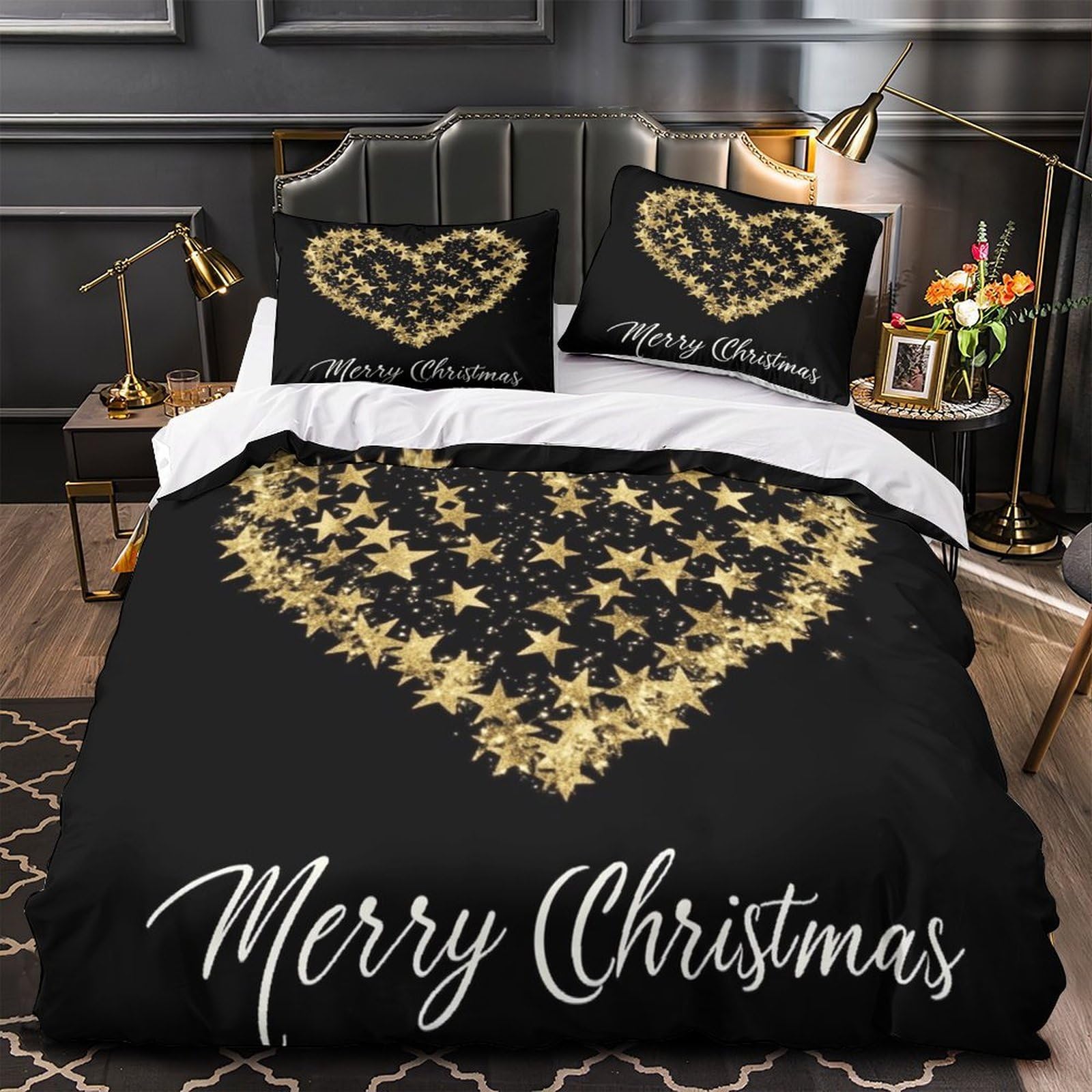 Housse de couette fleurs dorées microfine 3D douce lit super king 260x220cm