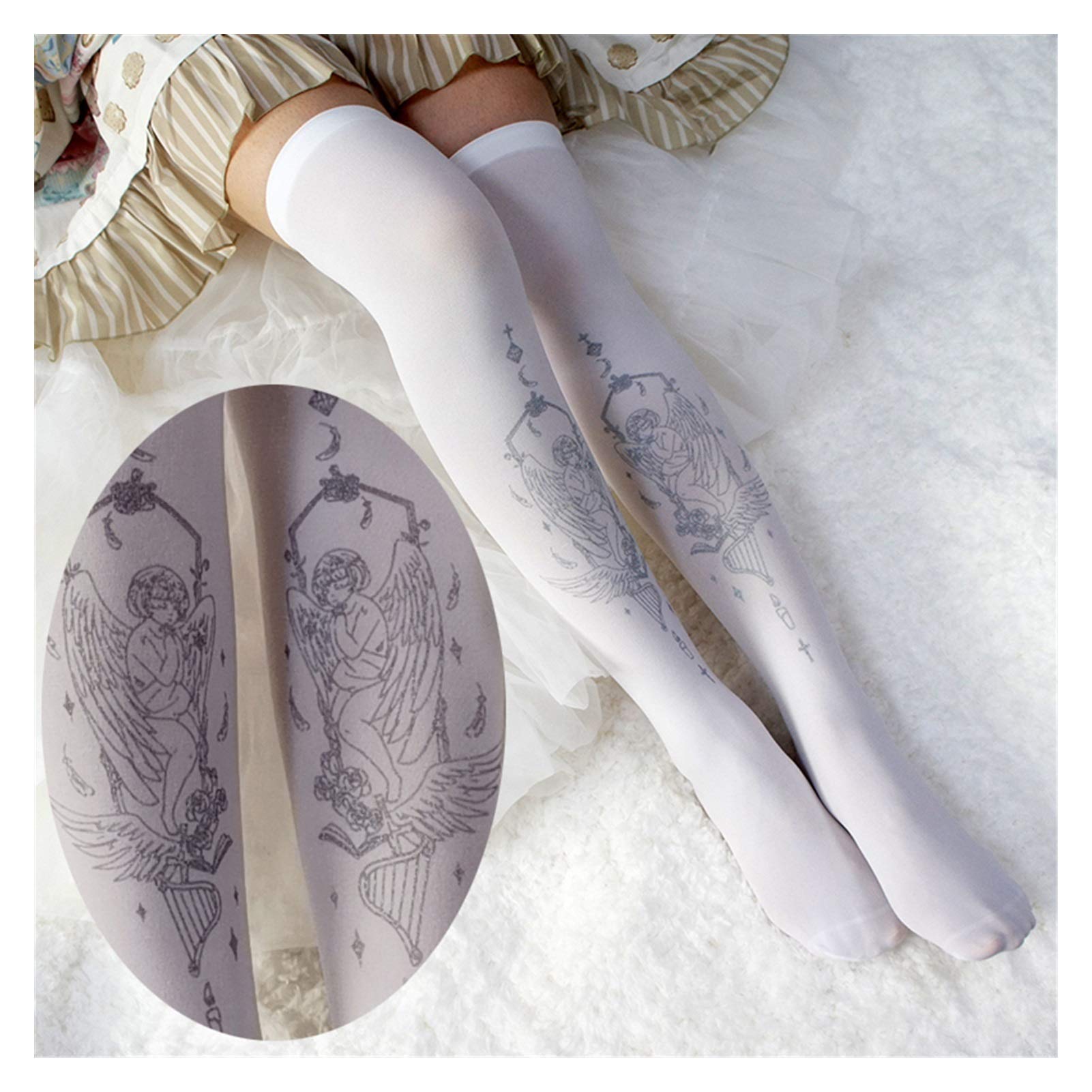 La Rodilla Original de Estampado de Calor de Verano de Lolita - Calcetines Impresos de Alta Calcetines Lolita Angel Muslo Cálida (Color : Version B)