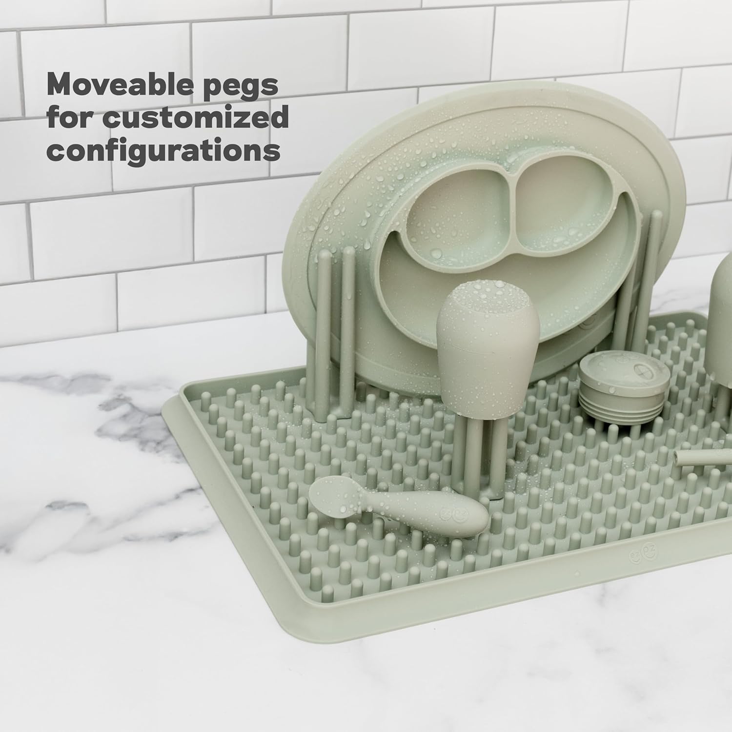 ezpz Drying Rack (Sage) - Silicone Dish Drying Rack with Suction Base - Adjustable Pegs - Odor-Resistant - Dry + Store Baby/Toddler Gear