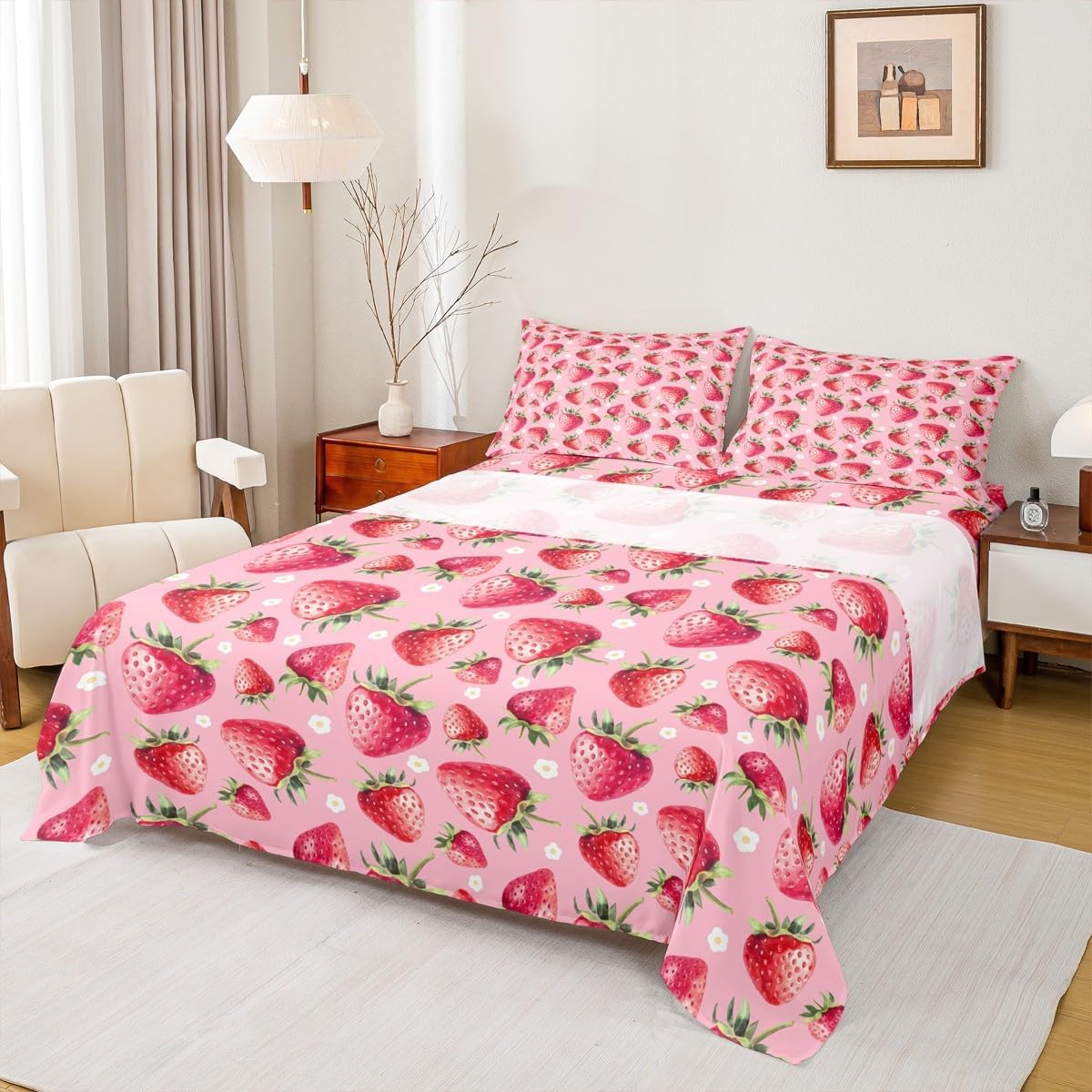 jejeloiu Strawberry Sheet Set King Size Kids Pink Tropical Fruit Sheets with Deep Pocket Fitted Sheet for Boys Girls Teens Floral Bed Sheets Set