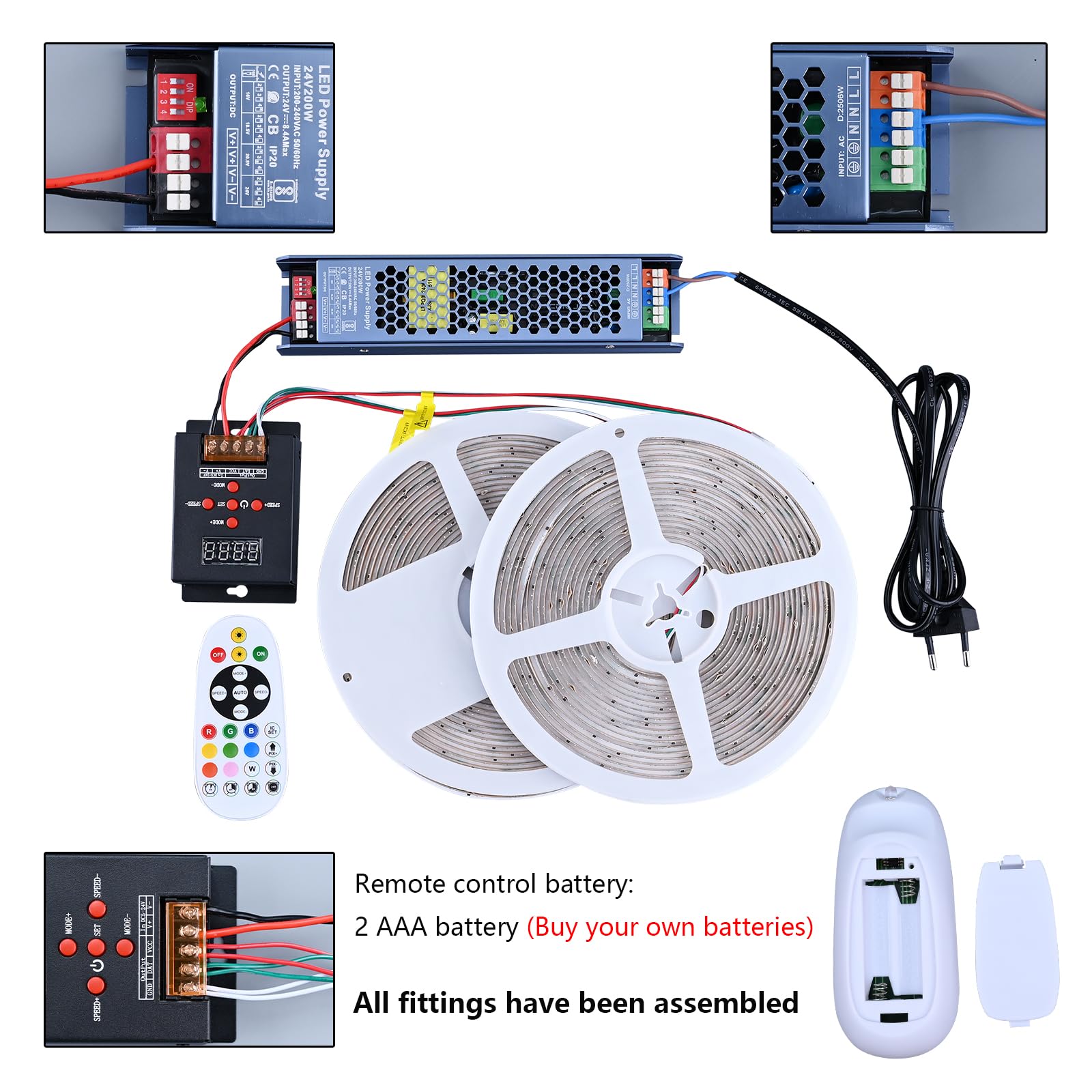 BENLUN 24V WS2811 RGB+IC Chasing Farbe COB LED Streifen 20m (10m X 2) | LED Strip Light 180W mit Fernbedienung und Netzteil für Zimmer Decoration, Küche, Akustikpaneele, Gaming