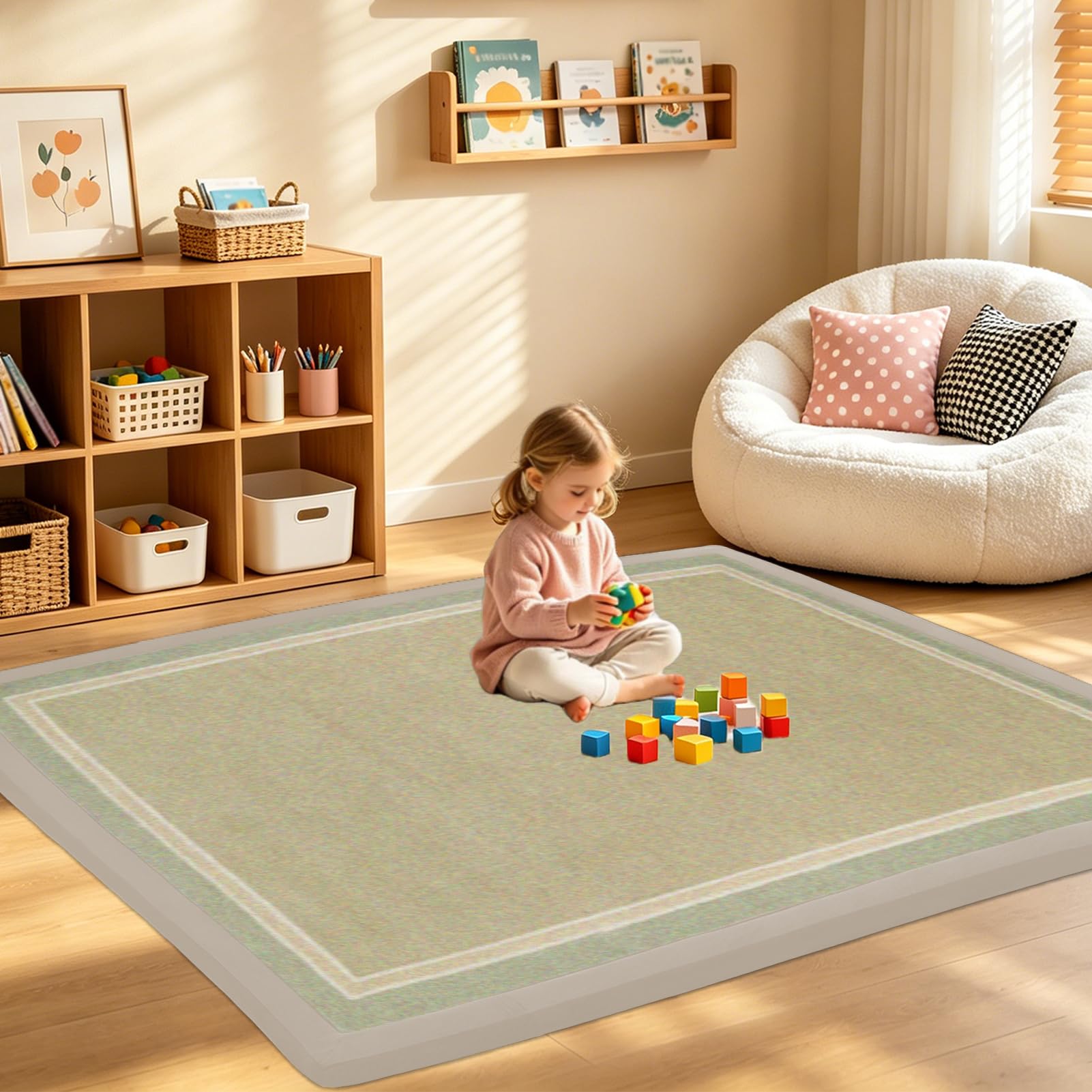 RZUMXOPY Kids Rug 200 x 200 cm Thick Baby Play Mat Foam Floor Padded Playmats for Babies Childrens, Soft Playpen Tatami Mat for Crawling & Playing, Non-Slip Bottom Moss Green