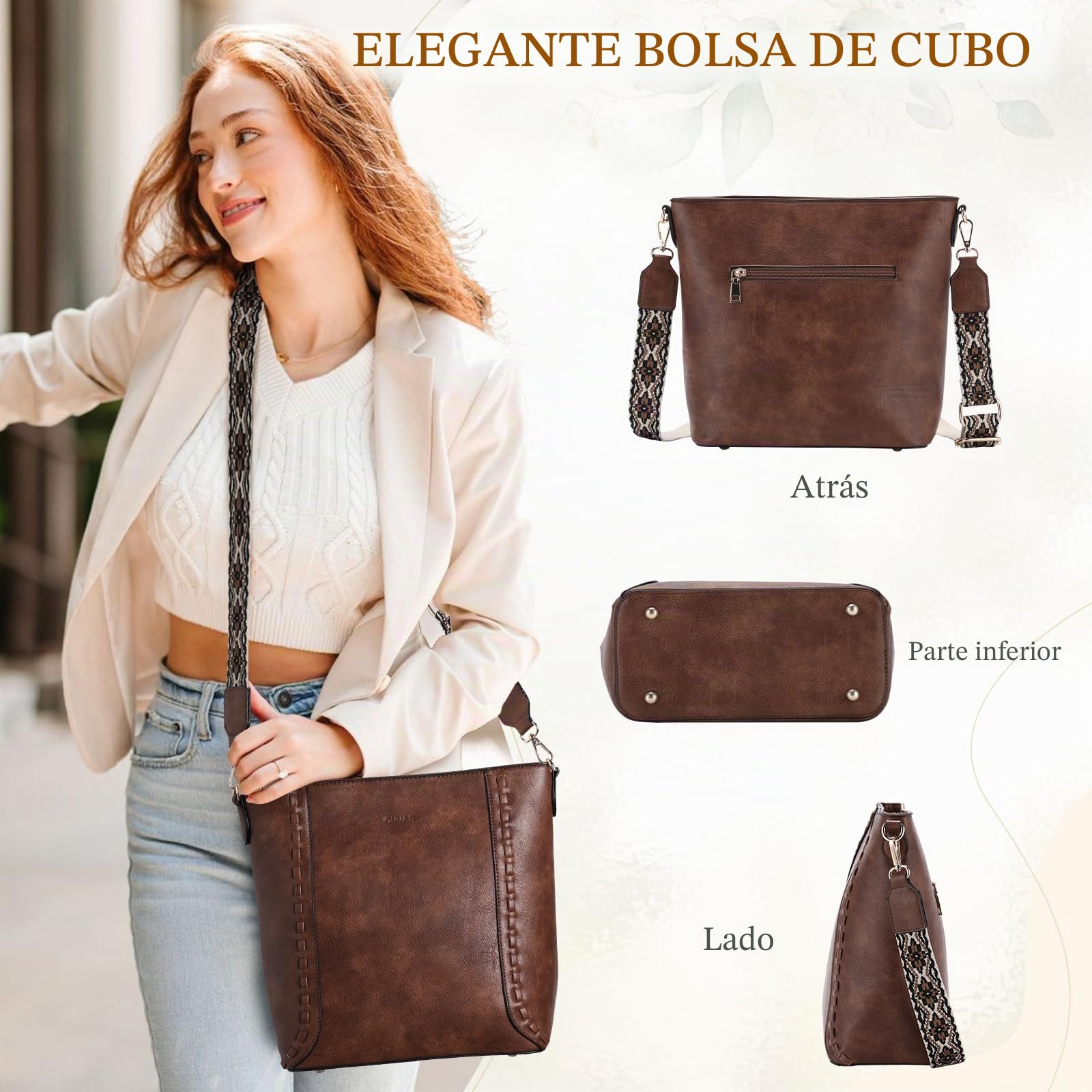 RAVUO Bolso Bandolera Mujer, Grande Bolso Cuero Mujer Bolso Hombro de Piel con 2 Correas Ajustable Crossbody Bag Bolso Shopper para Diario Viaje