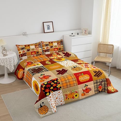 Miniatura 2 de Juego de edredón de cuadrícula de calabaza otoñal, rústico, de granja, hoja de arce, girasol, juego de edredón de Acción de Gracias, Turquía, para