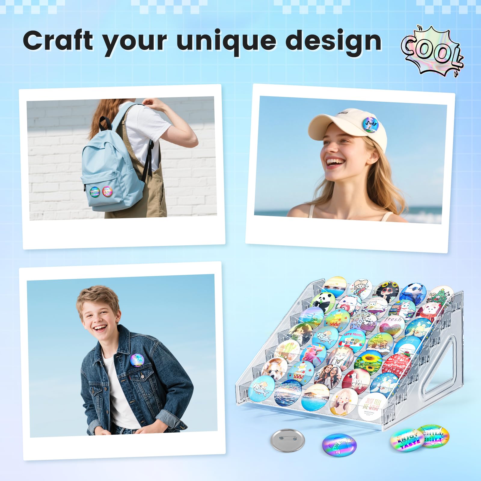 Macchina per bottoni KEYSAFER per creare badge 58 mm, set di pressa per bottoni fai da te senza installazione, con 100 parti in metallo per bottoni, lamina arcobaleno e taglierina rotonda per feste e
