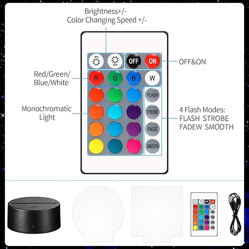 Miniatura 4 de Honoson 4 bases de lámpara de luz LED nocturna 3D con 4 hojas de acrílico transparente, control remoto, cable USB ajustable, 16 colores, 4 modos,