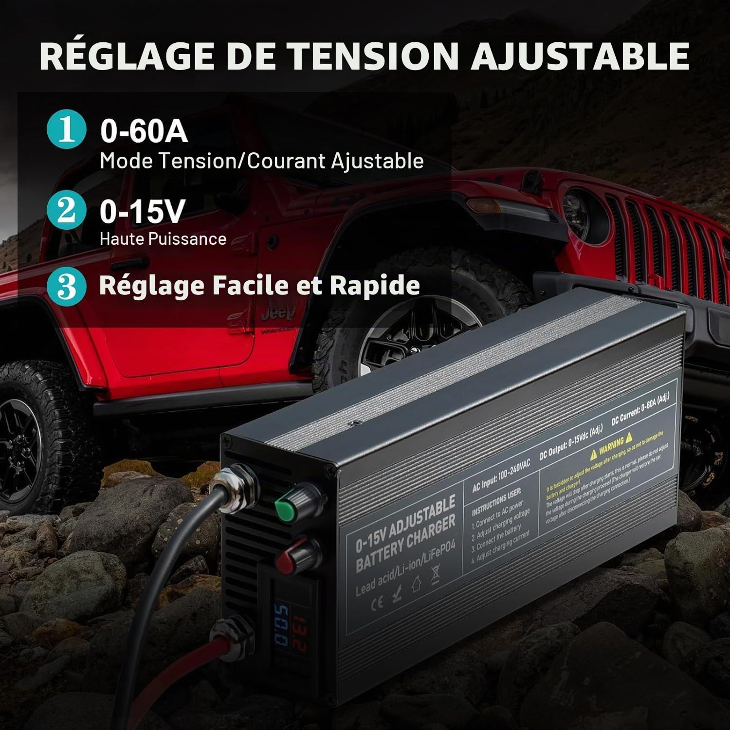 Chargeur Intelligent LiFePO4 14,6V 60A, Chargeur de Batterie Réglable 0-15V/0-60A, Charge Rapide pour Batterie 12V avec Fonction de Charge d'entretien pour Voiture, Moto, Bateau
