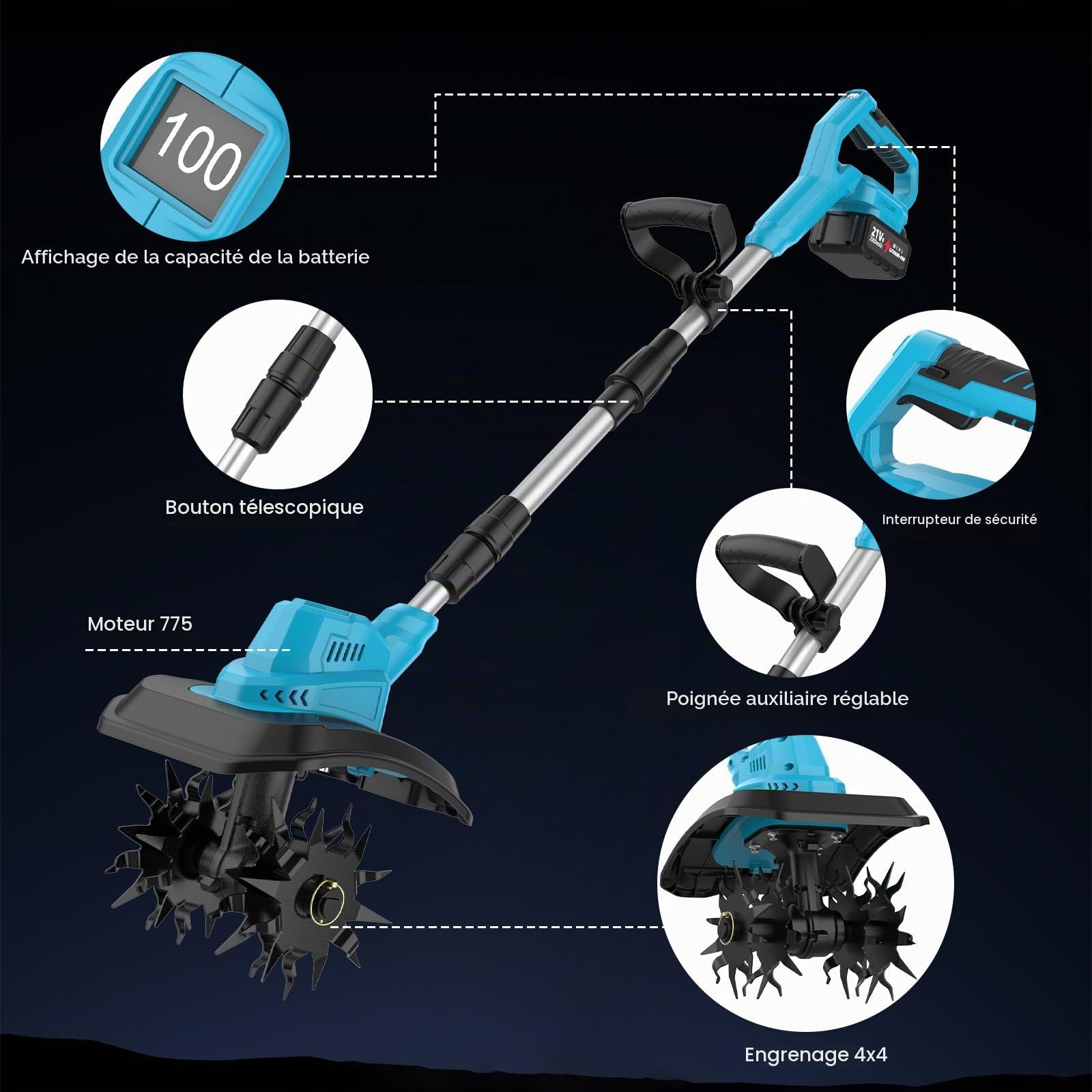 Motobineuse Électrique sans Fil, Motoculteur à Batterie | Moteur brushless 500W, 2 x 4.0Ah Batteries, écran LED, 2 Fraises Largeur 30cm/Prof 20cm, pour Travail du Sol, Potager