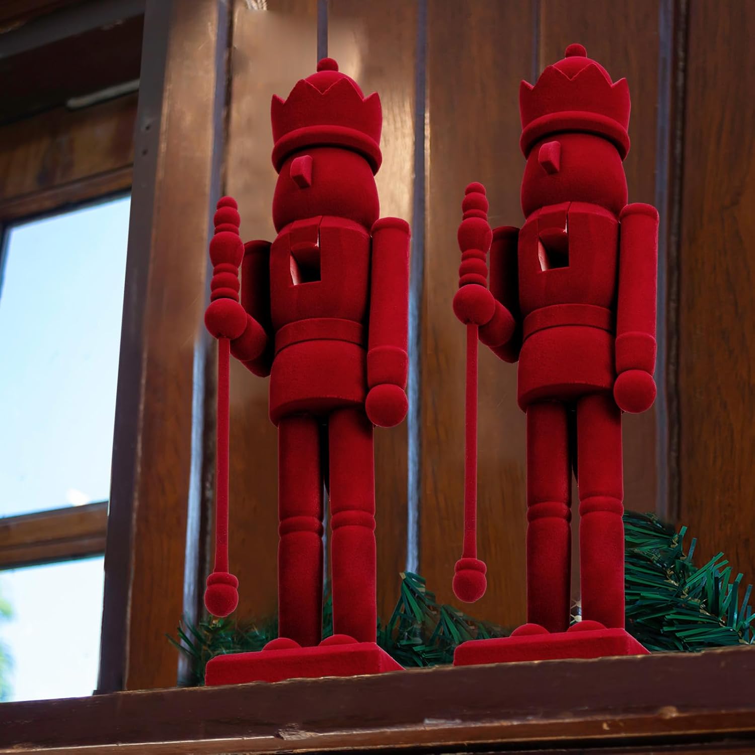 15 Inch Burgundy Christmas Nutcracker Ornaments Flocked Nutcracker Figures Christmas Decor Ornament Soldier Festive Collectible Gift for Table Fireplace Shelf Desktop Home Decor