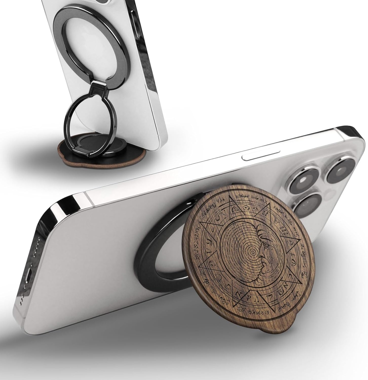 Carveit Solid Wood Design Adjustable Magnetic Phone Kickstand for MagSafe Accessories Ring Holder Stand Metal Grip Hook Compatible with iPhone 14/13/12/15/16 Pro Max (A Manuscript Enigma - Walnut)
