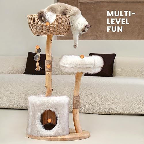 Miniatura 9 de PEGIC Torre de árbol para gatos con dos ramas reales, torre moderna de madera para gatos de 44 pulgadas con condominio de lujo, poste rascador para