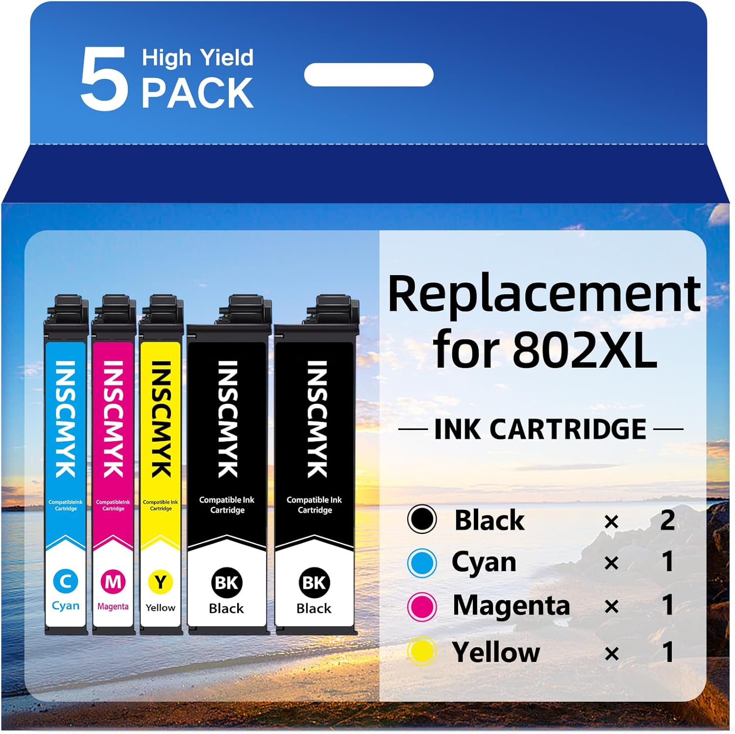 Remanufactured for 802XL Ink Cartridges for Epson Printer Combo Pack Replacement for T802XL for WF-4720 WF-4740 WF-4734 WF-4730 EC-4040 EC-4030 EC-4020 Printer (5 Pack)