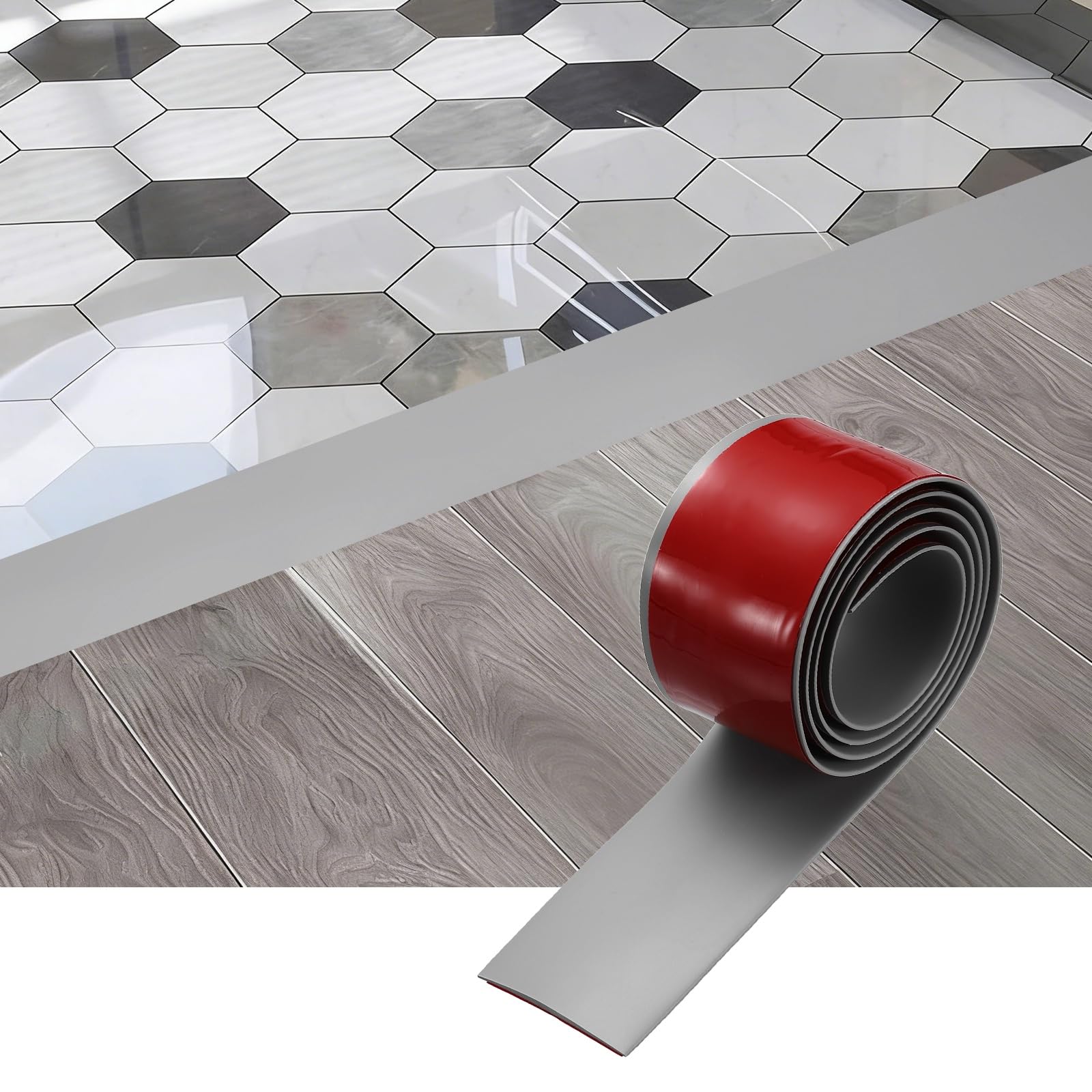 sourcing map Floor Transition Strip, 3.2FT x 1.97" x 0.14" Self Adhesive Floor Cover Strips Laminate Edge Trim for Flooring Gaps Carpet Transition, Gray
