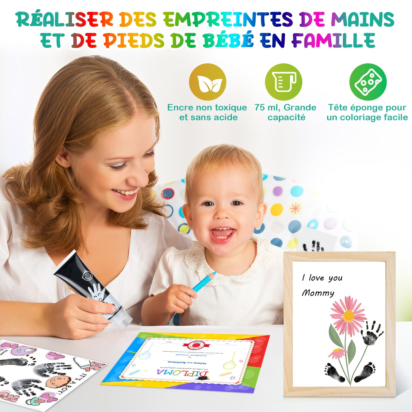 Kit Empreinte Bébé avec Attachement Éponge Non Toxique Lavable pour Mains et Pieds