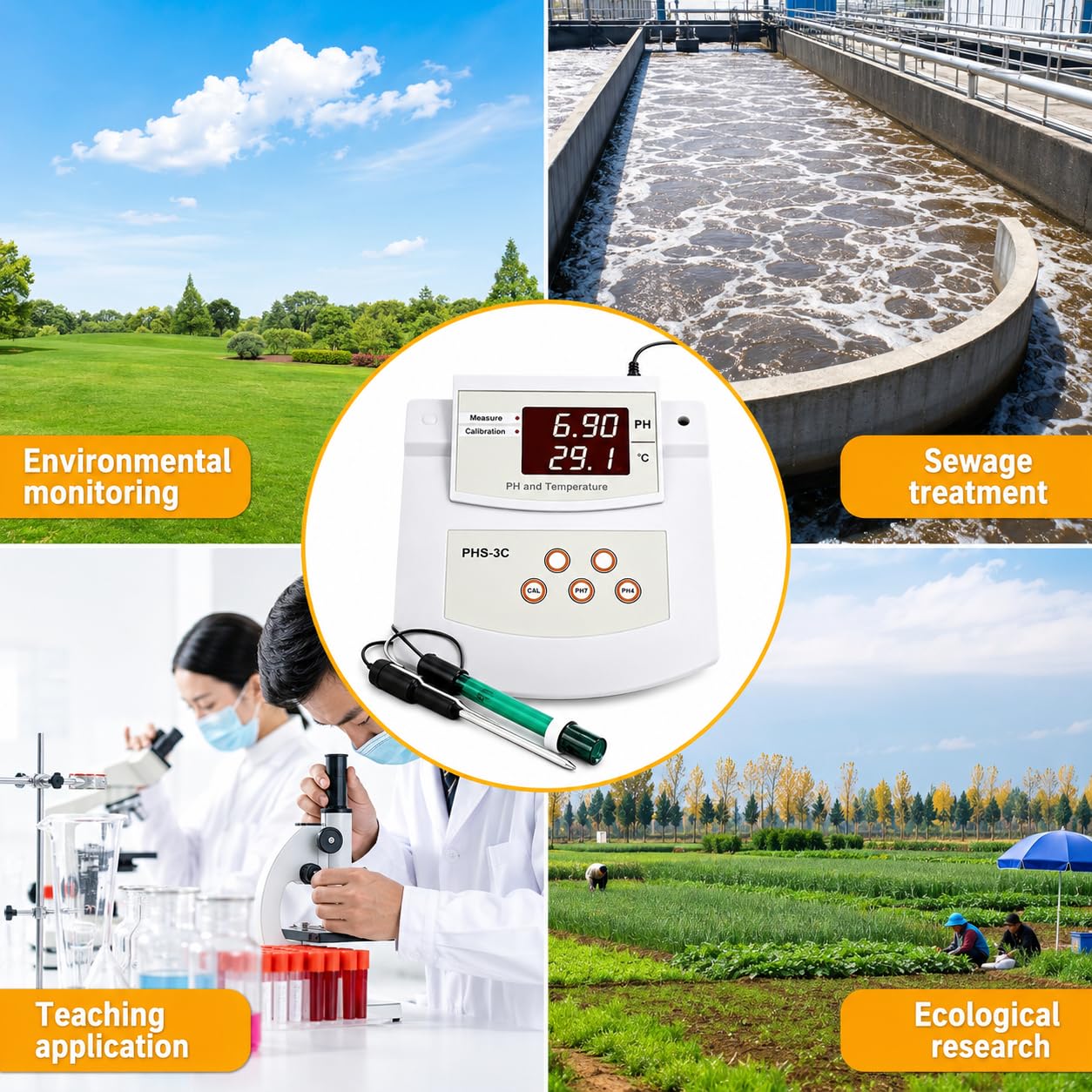 Medidor de pH de laboratorio de mesa, medidor de acidez de escritorio con pantalla LED, soporte, 2 electrodos de pH/temperatura y calibración automática de 2 puntos