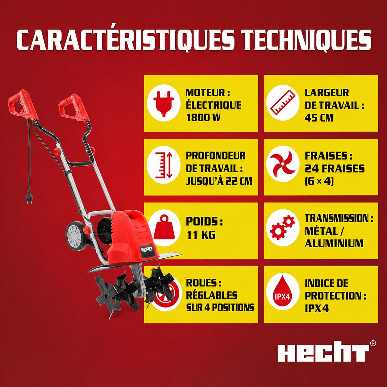 Hecht Motobineuse électrique Fraiseuse Fraise Electrique Houe Jardin Houe du cultivateur 1500W 400mm 6 fraises : 24 lames