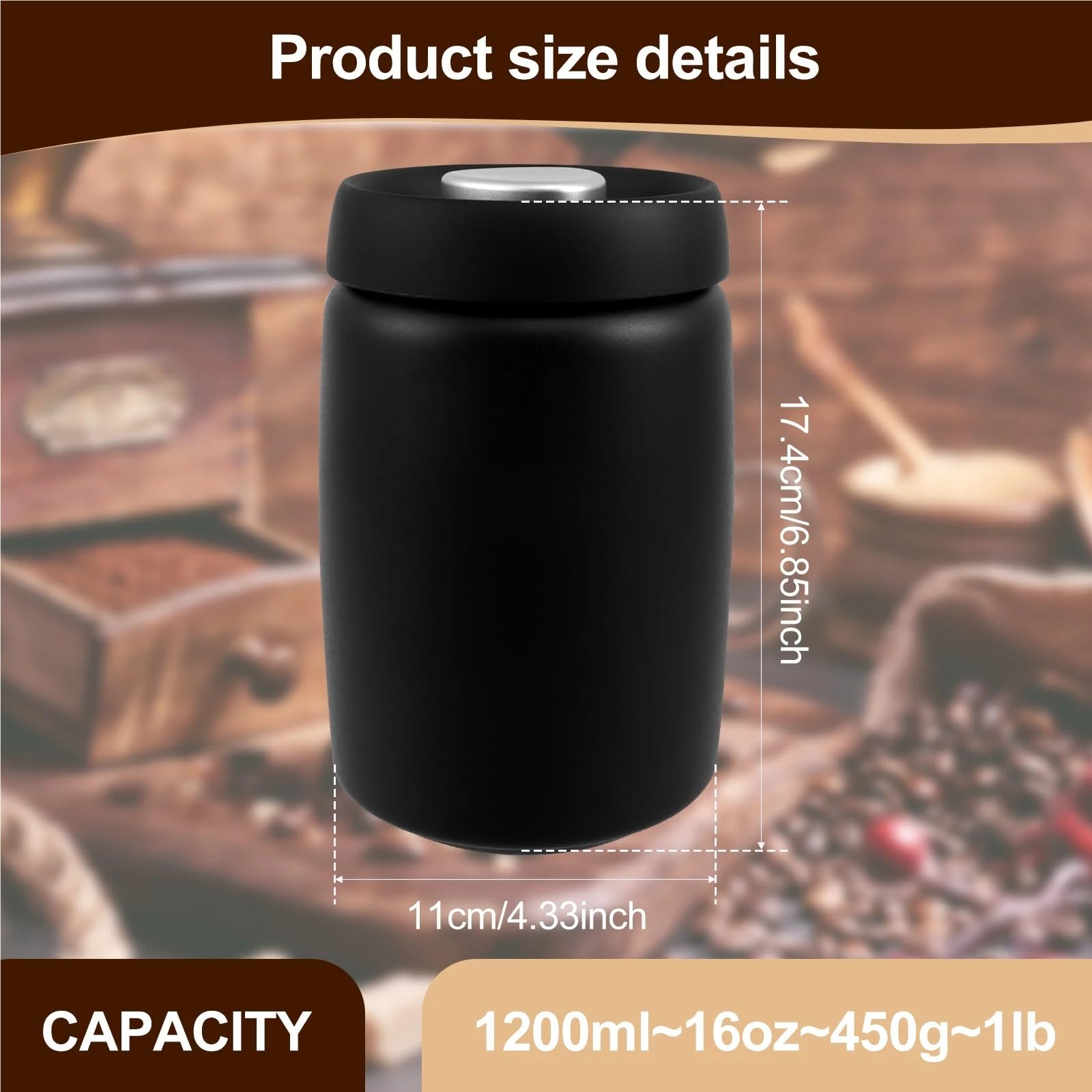 vorratsgläser Kaffeebohnen Vakuumversiegelter Krug Edelstahl Lebensmittel Frisch halten Vorratsbehälter Küche(Black)