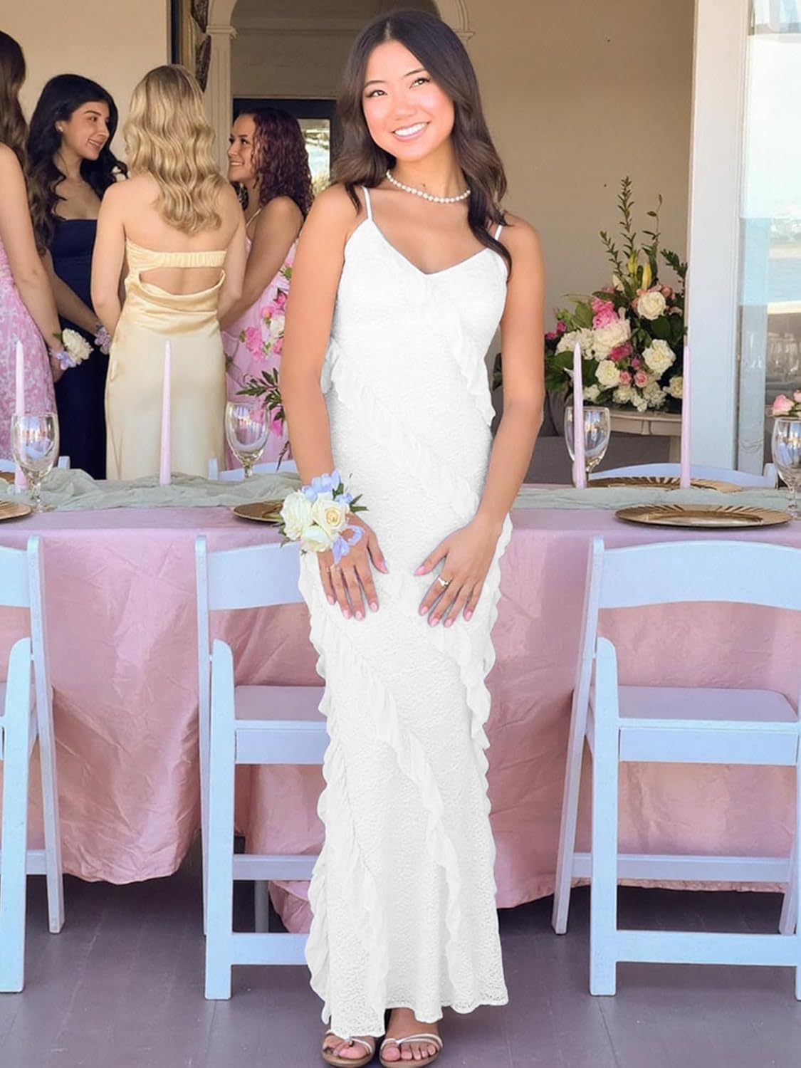 HOCILLE Women's Sexy V Neck Floral Lace Wedding Bodycon Spaghetti Strap Elegant Ruffle Maxi Cocktail Party Dresses - Image 6