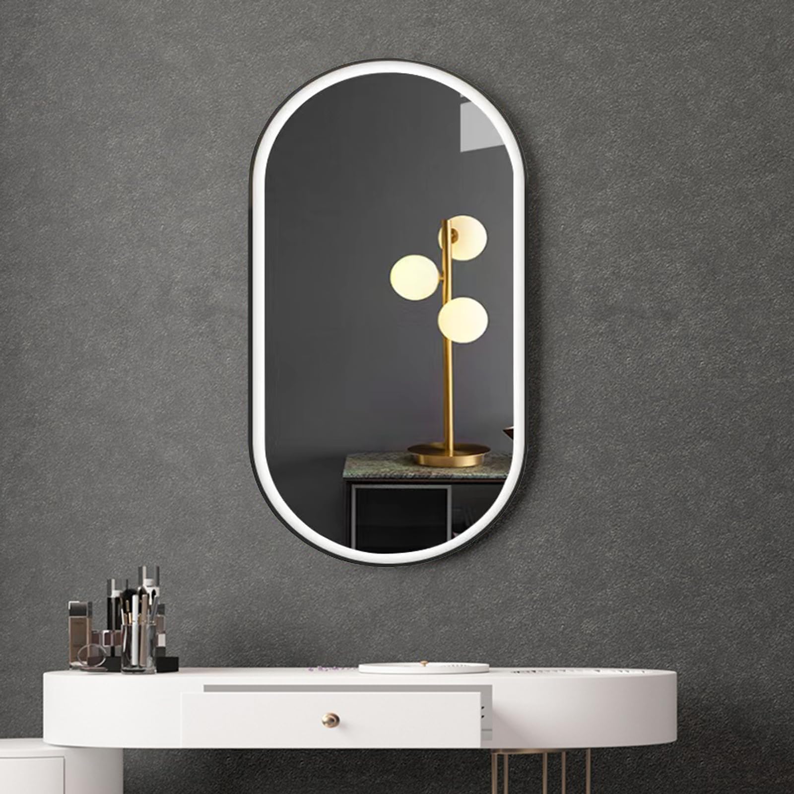 SXFSDOU Oval LED Bathroom Mirror with Touch Screen 3 Colors Dimmable Light Wall Mounted Vanity for Smart Home Black 50X80CM