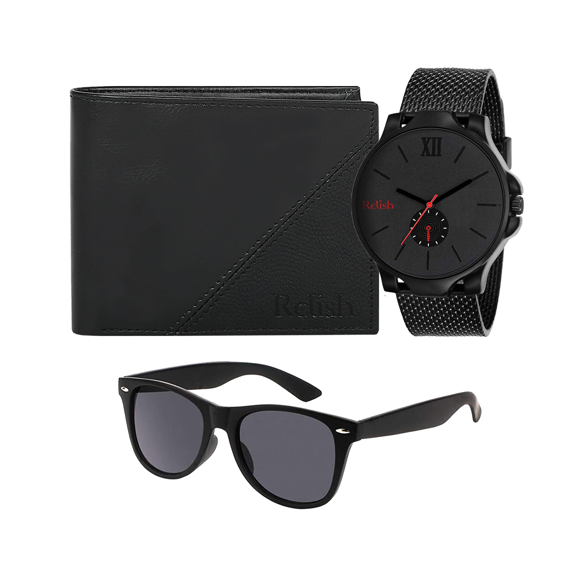Relish Mens Black Dial Analogue Watch,PU Leather Wallet and Wayfarer Sunglasses Combo Box (B0B1PZHVRT) Amazon Price History, Amazon Price Tracker