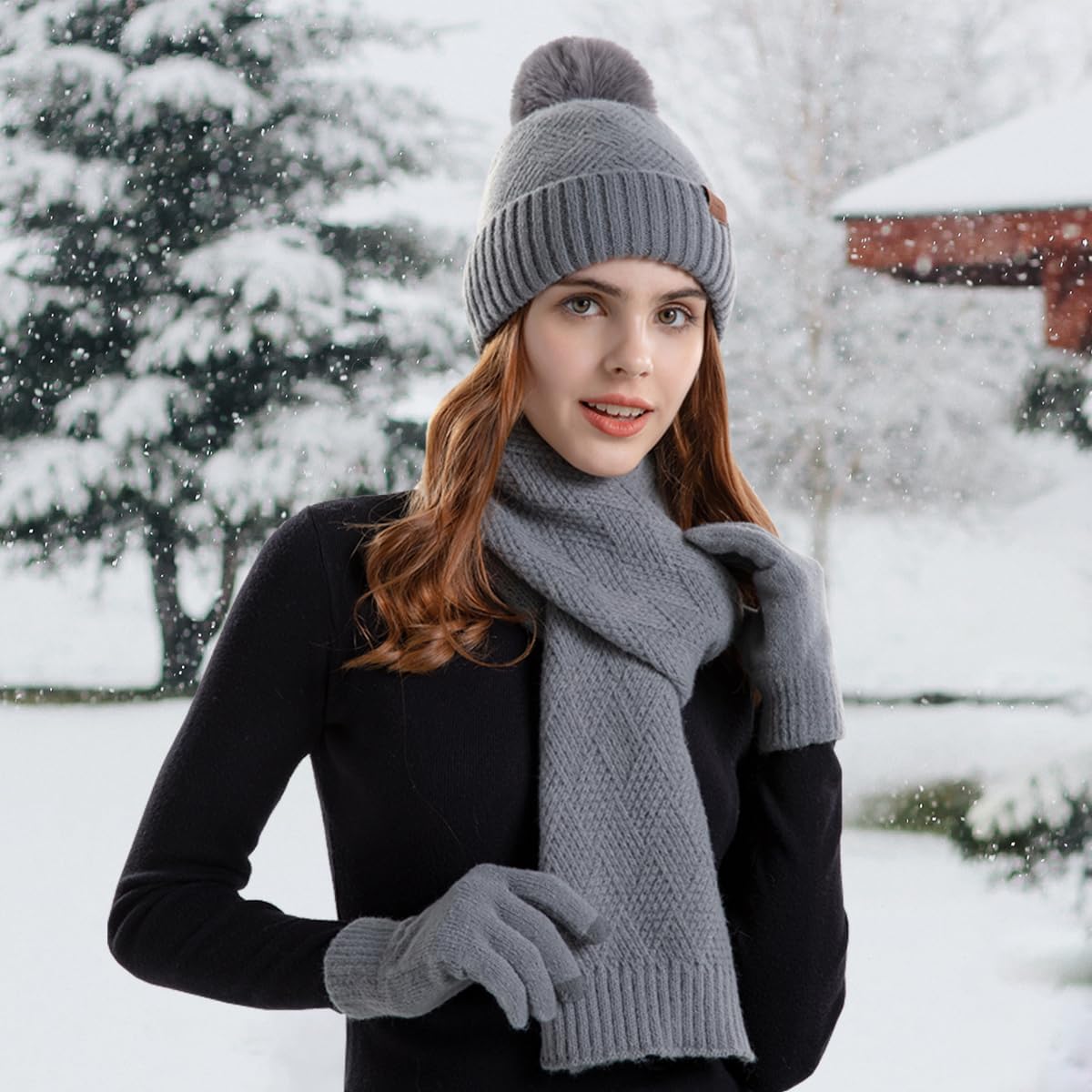 Womens Beanie Hat Scarf Gloves Set,Fleece Lined Winter Hat with Pom Pom,Long Knit Scarf Touchscreen Gloves for Cold Weather - Image 6