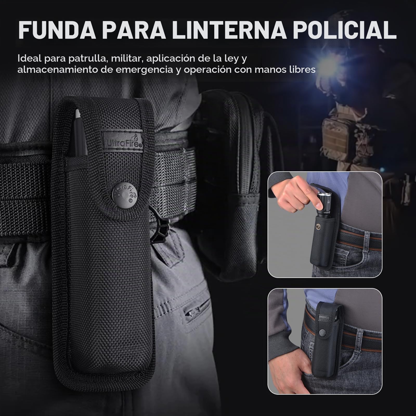 ULTRAFIRE Linterna táctica recargable de 3100 lúmenes con funda, linterna LED súper brillante de doble interruptor, 6 modos IPX8 impermeable linterna de policía LR1