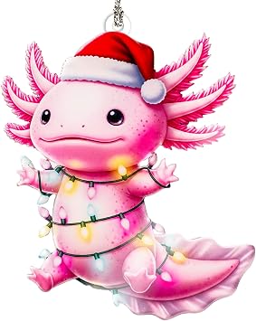 Funny Axolotl Christmas Ornament 2026 Cute Pink Axolotl with Santa Hat & Christmas Lights Funny Holiday Gifts for Kids, Teens & Animal Lovers - White elephant gifts - Xmas Tree Funny Decoration