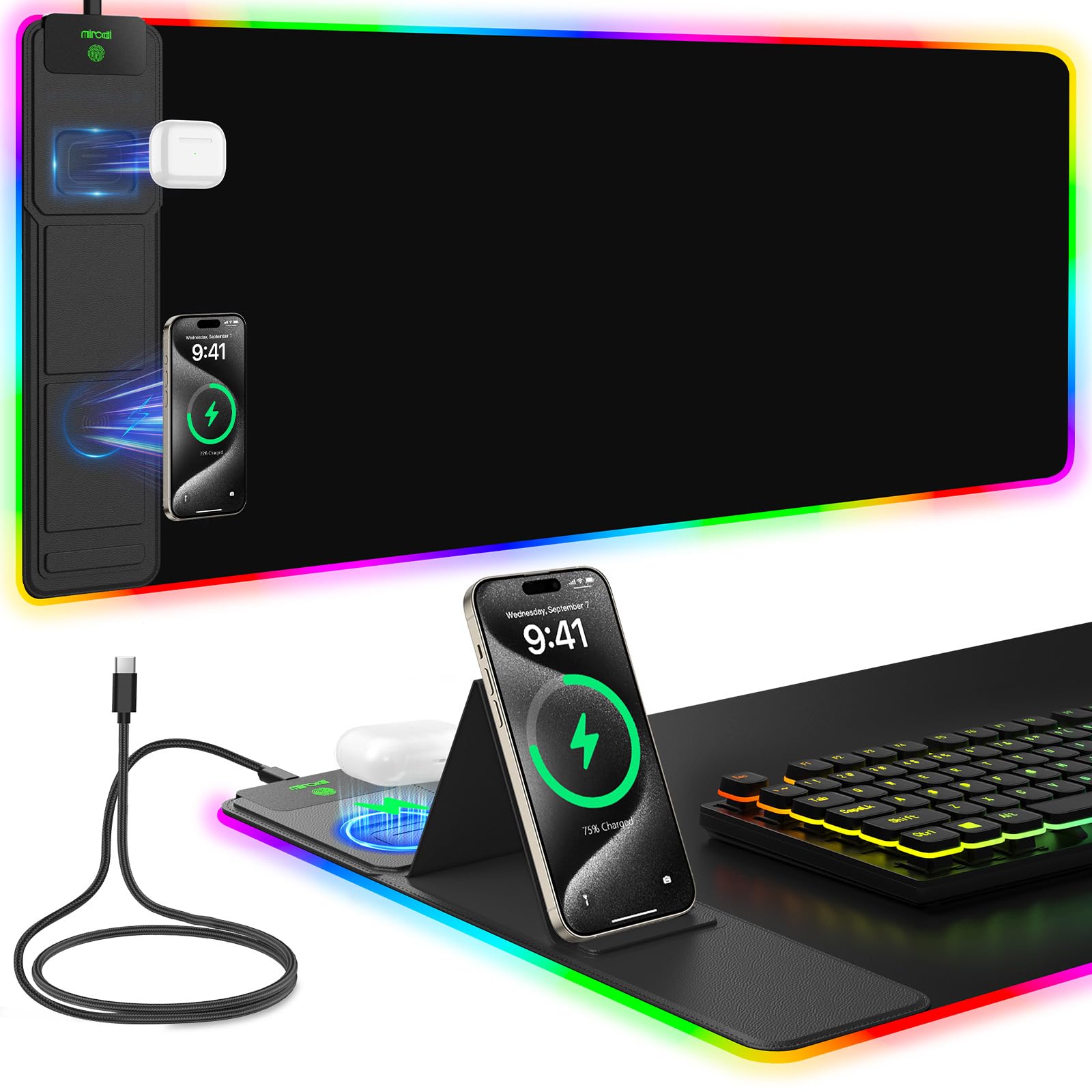 Mouse Pad with Foldable Phone Holder &amp; Wireless Charger, XXL RGB Gaming Mousepad 31.5"x15.8" Large Desk Mat for Keyboard, Black Desk Pad with Dual Qi Charging Station | 11 Colors 5 Modes | Waterproof